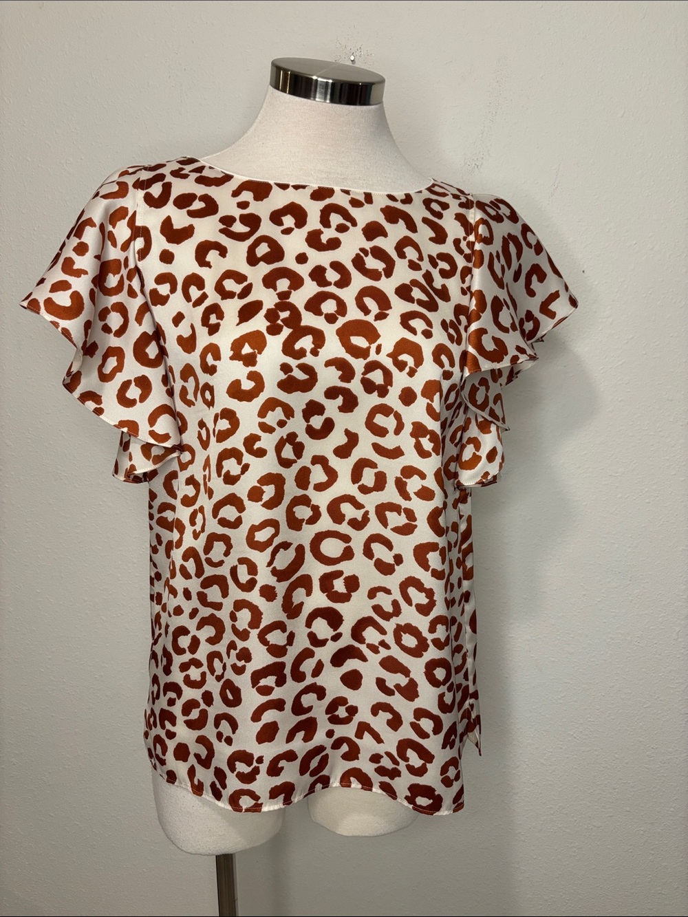 Lafayette 148 New York White Blouse with Brown Leopard Spots and Ruffle Sleeves